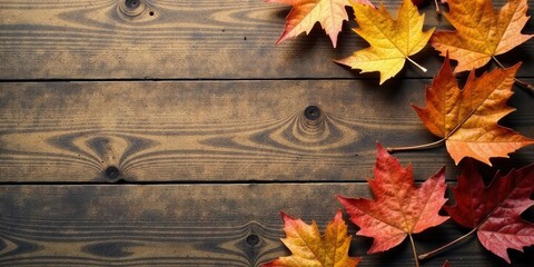 Obraz premium Autumnal foliage arranged on rustic wood surface, showcasing vibrant fall colors and natural textures