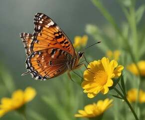 Fototapeta premium Marsh Fritillary Butterfly nectaring on a Yellow Buttercup, flower feeding, greenery, outdoor