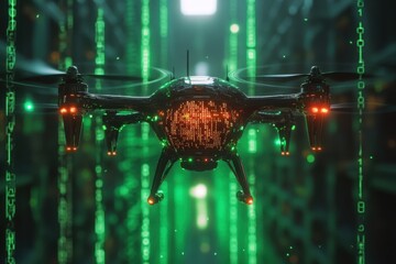 Cyber Police Surveillance High-Tech Drone Scanning Cityscape with Binary Code Projections, Advanced Law Enforcement Technology, Utilizing AI-Powered Drone Surveillance for Urban Security and Crime