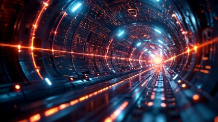 Immersive journey through futuristic neon tunnel with digital grid and lights - Powered by Adobe