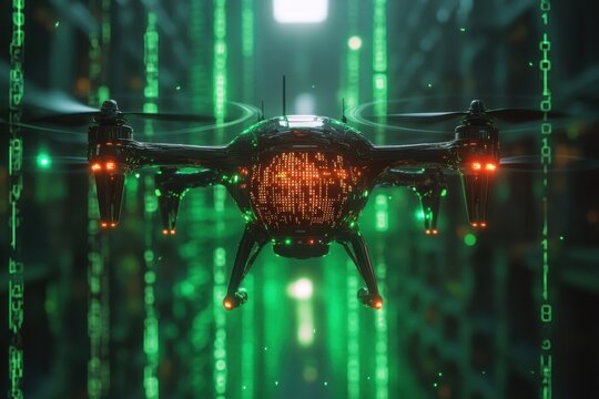 Cyber Police Surveillance High-Tech Drone Scanning Cityscape with Binary Code Projections, Advanced Law Enforcement Technology, Utilizing AI-Powered Drone Surveillance for Urban Security and Crime - Powered by Adobe