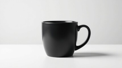 Fototapeta premium A single matte black coffee mug sits on a bright white surface against a clean white backdrop