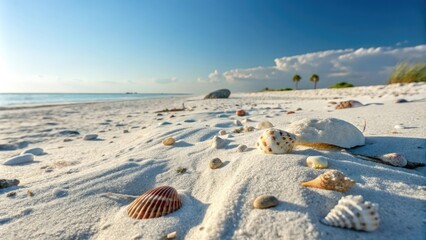Fine white sand beaches with shells and small rocks scattered about under a sunny summer sky, warm weather, coastal scenery