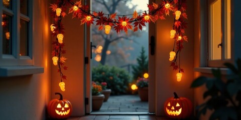 Obraz premium Enchanted Autumn Evening Jack-o'-lanterns and Glowing Skull Lights Adorn a Festive Entranceway