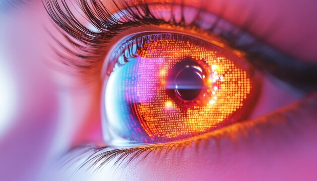 Digital illustration of an eye made entirely of binary code, representing data-driven vision a mesmerizing artwork depicting advanced technology, artificial intelligence, future vision, digital art