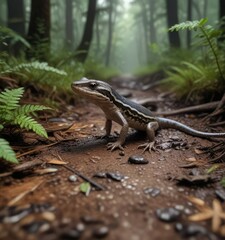 Obraz premium Five-lined skink making tracks on damp forest floor, North Carolina, reptile, five-lined skink