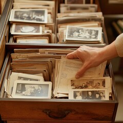 Discovering Vintage Photographs A Collection of Antique Black and White Images, Family Portraits, and Historical Snapshots Preserved in Old Wooden Drawers Explore the Nostalgia of Yesterday's