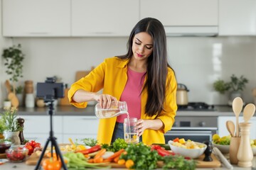 Woman in a yellow jacket pouring water into a jar while recording a cooking video in a modern kitchen. Fresh vegetables on the table. Creative concept. Ai generative