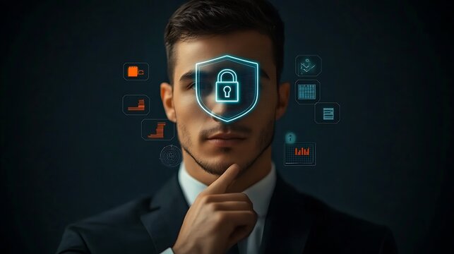 Businessman in a suit contemplating digital security and data protection with icons in the background