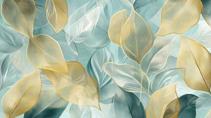 16121056 47 47.A detailed, elegant line art pattern of golden leaves, carefully drawn with smooth curves, layered over a soft blue and green background, making it ideal for high-end interior design