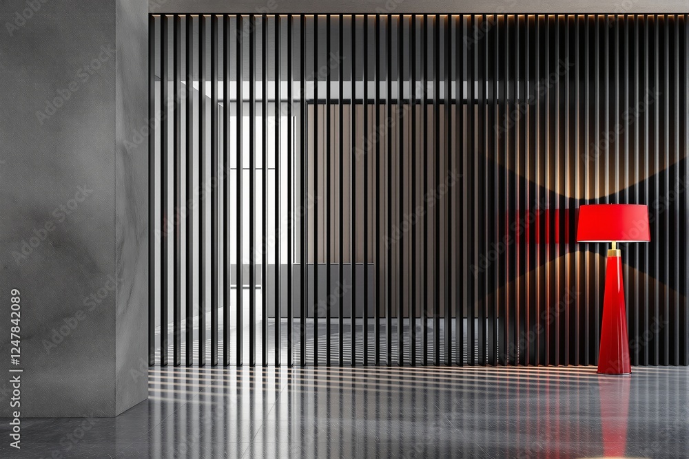 Poster elegant modern interior featuring vertical slat partition, reflective flooring, and a bold red lamp 