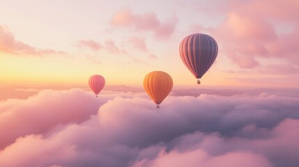 Obraz premium Sunrise hot air balloons above cloudscape, travel, adventure
