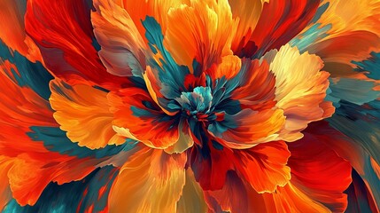 16121056 95 95.A digitally created abstract flower with bold, sweeping leaves and vibrant, textured petals in an explosion of color, offering a modern and energetic twist on traditional botanical