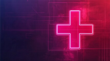 Fototapeta premium A glowing pink cross symbol against a dark gradient background, conveying a modern and digital aesthetic.