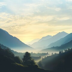 Sunrise mountain valley mist landscape serene wallpaper