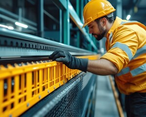 Factory worker securing machine guard, preventing industrial accidents A crucial step in occupational safety and health, demonstrating best practices for machine guarding and risk assessment to