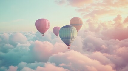 Obraz premium Hot air balloons soar above clouds at sunset; idyllic travel scene