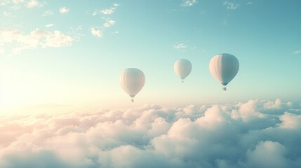 Naklejka premium Three hot air balloons soar above serene cloudscape at sunrise; travel, freedom concept