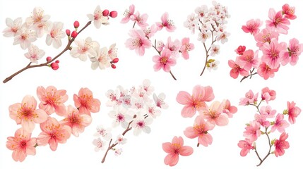 16121056 41 41.A fresh, spring-themed collection of vector flowers, such as sakura and peach blossoms, depicted in bright, cheerful colors on a stark white background, perfect for product