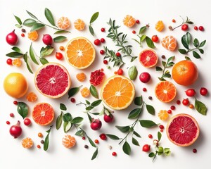 Naklejka premium Farm-to-table fresh citrus fruits and vegetables A vibrant homemade meal featuring juicy oranges, grapefruit, mandarins, and cranberries Discover the deliciousness of simple, healthy recipes made