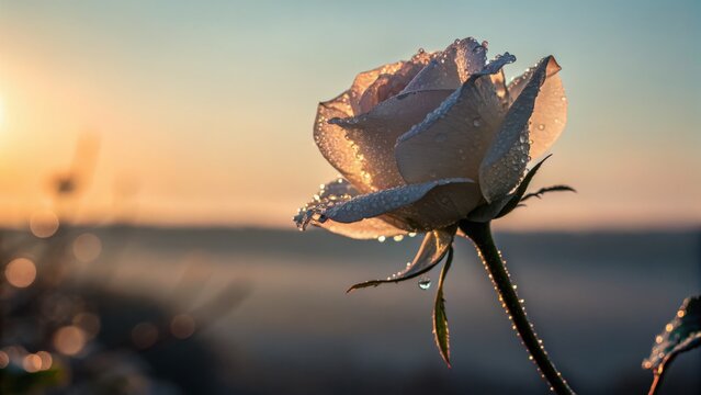 Serene Sunset: Minimalist Photography of a Single Rose Unfurling in Golden Light