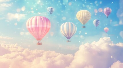 Obraz premium Pastel hot air balloons soar above dreamy cloudscape