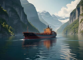 Obraz premium Ocean freighter navigating through the calm waters of Geiranger fjord, landscape, shipping, sea
