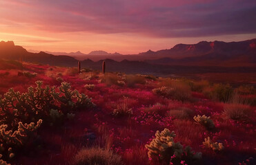 A stunning desert landscape at sunset, with the iconic Superstition Mountains in the background.