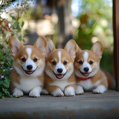 Three happy corgis posing outdoors, garden background, pet adoption
