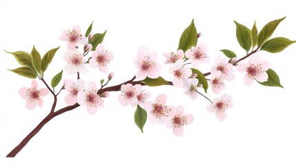Obraz premium 16121056 20 20.A realistic vector illustration of a sakura bouquet with delicate pink blossoms, intricate green leaves, and slender brown branches, isolated on a pure white background.