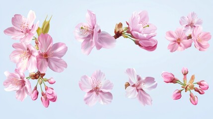 16121056 19 19.Spring sakura cherry blooming flowers bouquet. Isolated realistic pink petals, blossom, branches, leaves vector set. Design spring tree illustration