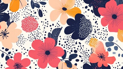 16121056 30 30.A seamless pattern of stylized floral illustrations in vibrant shades, mixed with delicate polka dots and organic shapes, offering a fresh and modern aesthetic for home and fashion