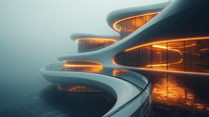 Futuristic coastal mansion, glowing at night, foggy. Architecture image