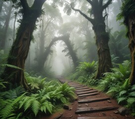 Foggy trail leading into the heart of a lush rainforest, with giant ferns and vines crawling up ancient tree trunks, foliage, rainforest