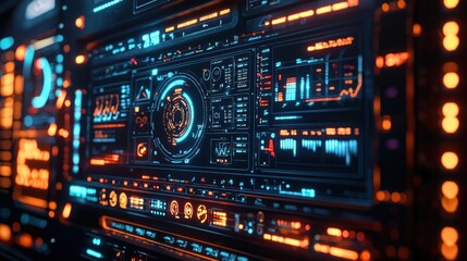 Fototapeta premium Futuristic control panel displays data; glowing interface; technology background