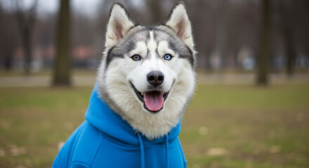 Husky Smiling Happily in Blue Hoodie