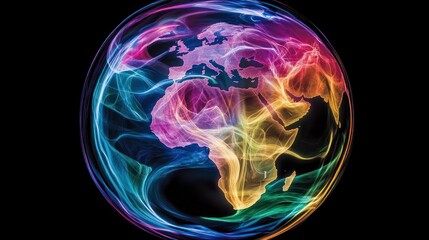 Global network energy sphere; vibrant world map, dark background; communication concept