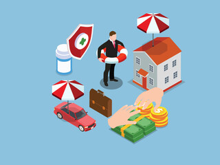 Financial Protection for Health, Home, Car, and Business 3d isometric vector illustration