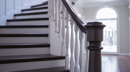 Elegant curved staircase, interior home, sunlight, luxury design, real estate