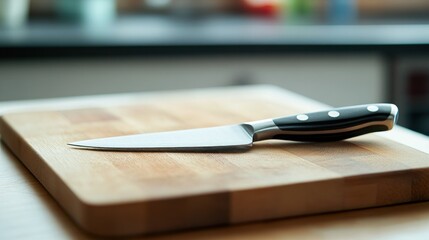 Kitchen knife rests on wooden cutting board, blurred kitchen background; cooking prep