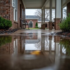 Fototapeta premium Porch puddle reflection, autumn rain, brick building, landscaping, insurance