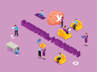 Mental Health Concept with Therapy, Support, and Well-being Activities 3d isometric vector illustration