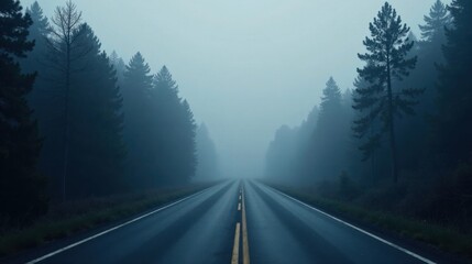 Mysterious Fog Envelops a Serpentine Road Winding Through a Dark Coniferous Forest