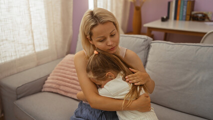 Obraz premium Mother comforting daughter in cozy living room shows family bond, emotional support, and tenderness indoors