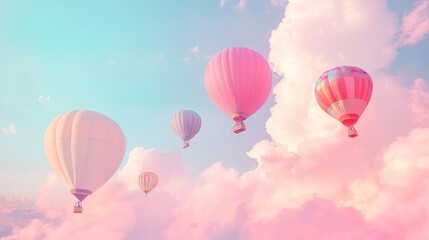 Naklejka premium Pastel hot air balloons soar above fluffy pink clouds at sunrise; idyllic travel poster