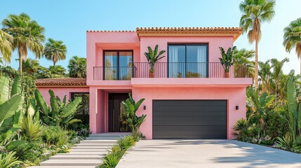 Fototapeta premium Modern Pink House Tropical Garden Luxury Home Exterior Design