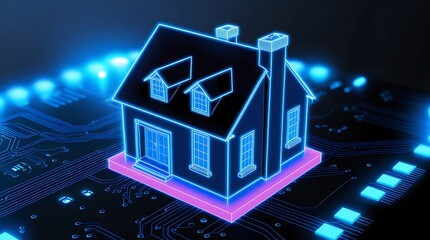 Futuristic smart home hologram with digital technology interface, symbolizing artificial intelligence, automation, and IoT in modern living, conceptualizing future housing innovations

