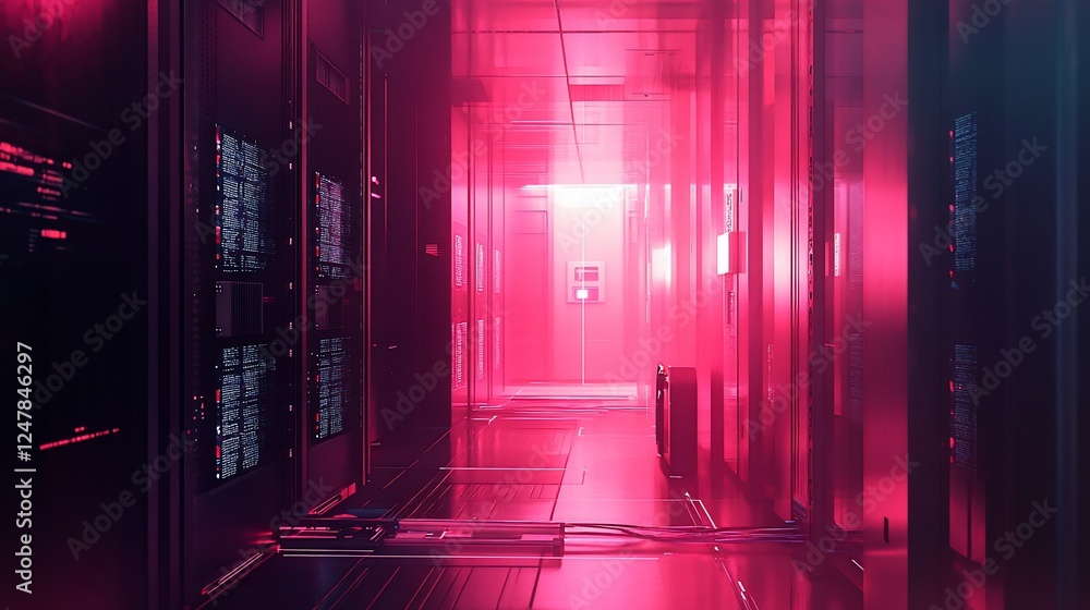 Poster data center corridor with red lighting and rows of servers and equipment