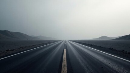A long, straight highway stretches towards a hazy horizon, flanked by desolate, dark-colored hills under a pale sky, presenting a sense of journey and vastness.