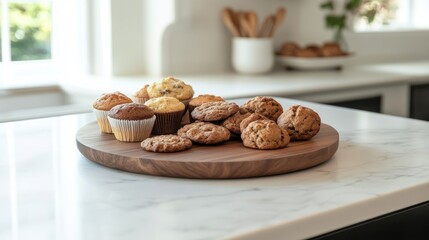 Kitchen countertop pastries, muffins, cookies, baking, breakfast, food photography, wooden board, sunlight